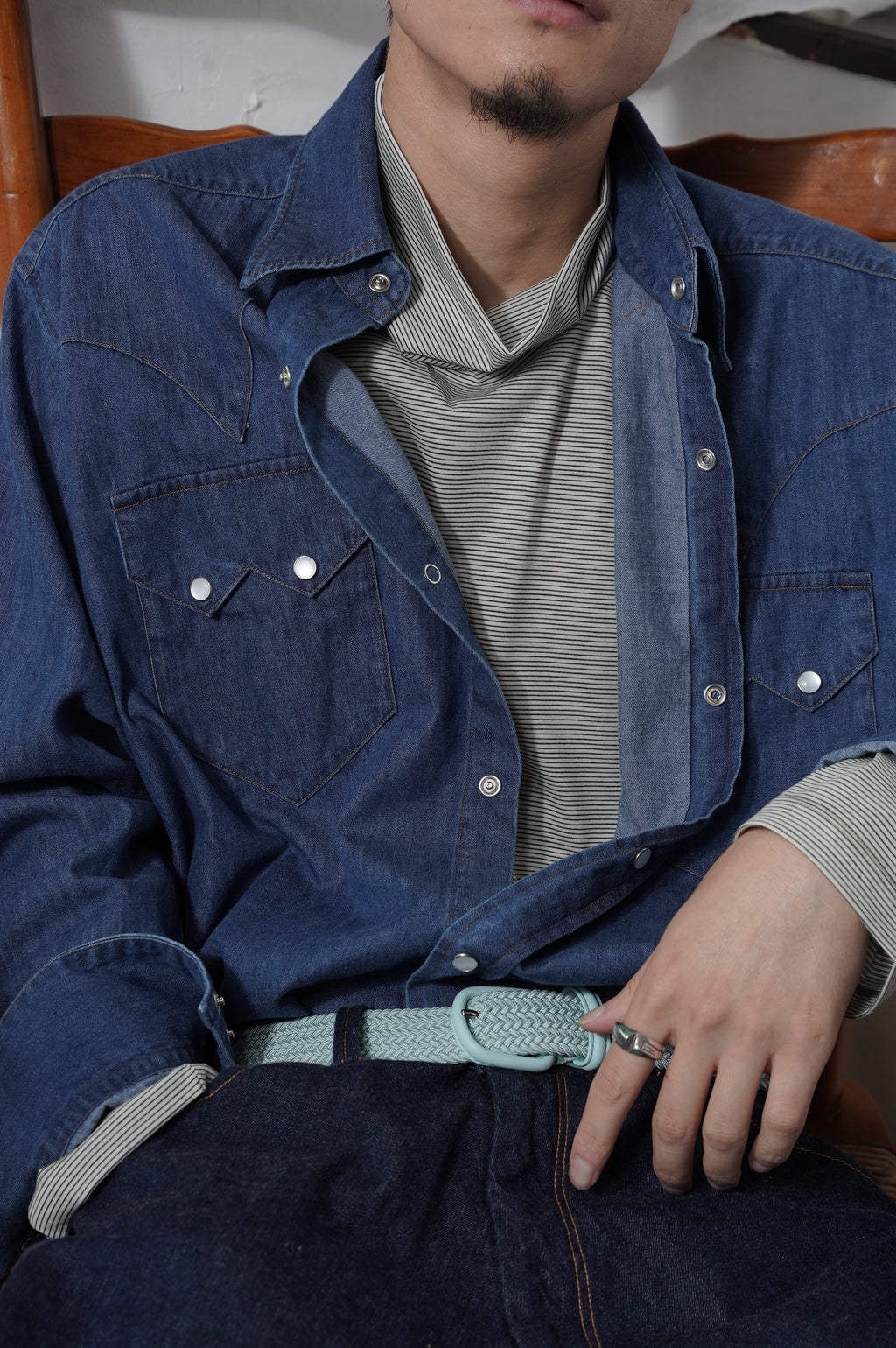 KANEMASA PHIL. "36G WOOL STRIPE TURTLE NECK" ［REGENTS WHITE］