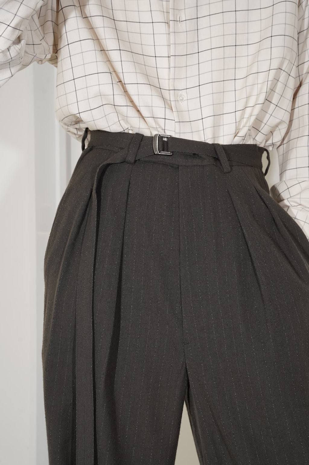 m's braque "BELTED BAGGY PANTS" [brown stripe]