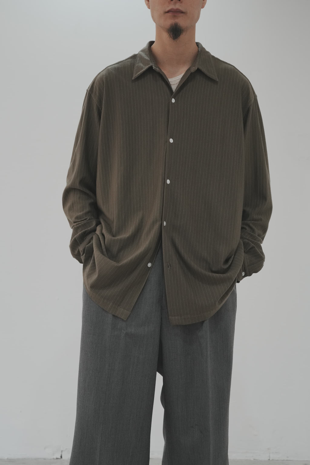 KANEMASA PHIL. "38G Wool Fulling Stripe Ideal Shirt" [beige khaki]