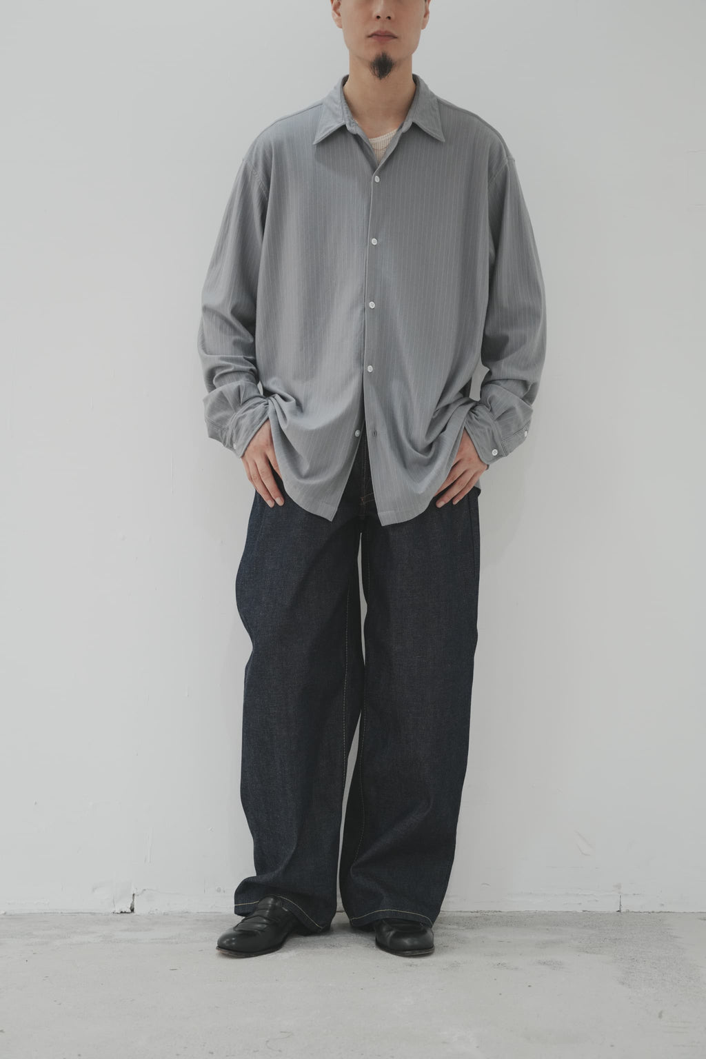 KANEMASA PHIL. "36G Wool Fulling Stripe Ideal Shirt" [Light Gray]