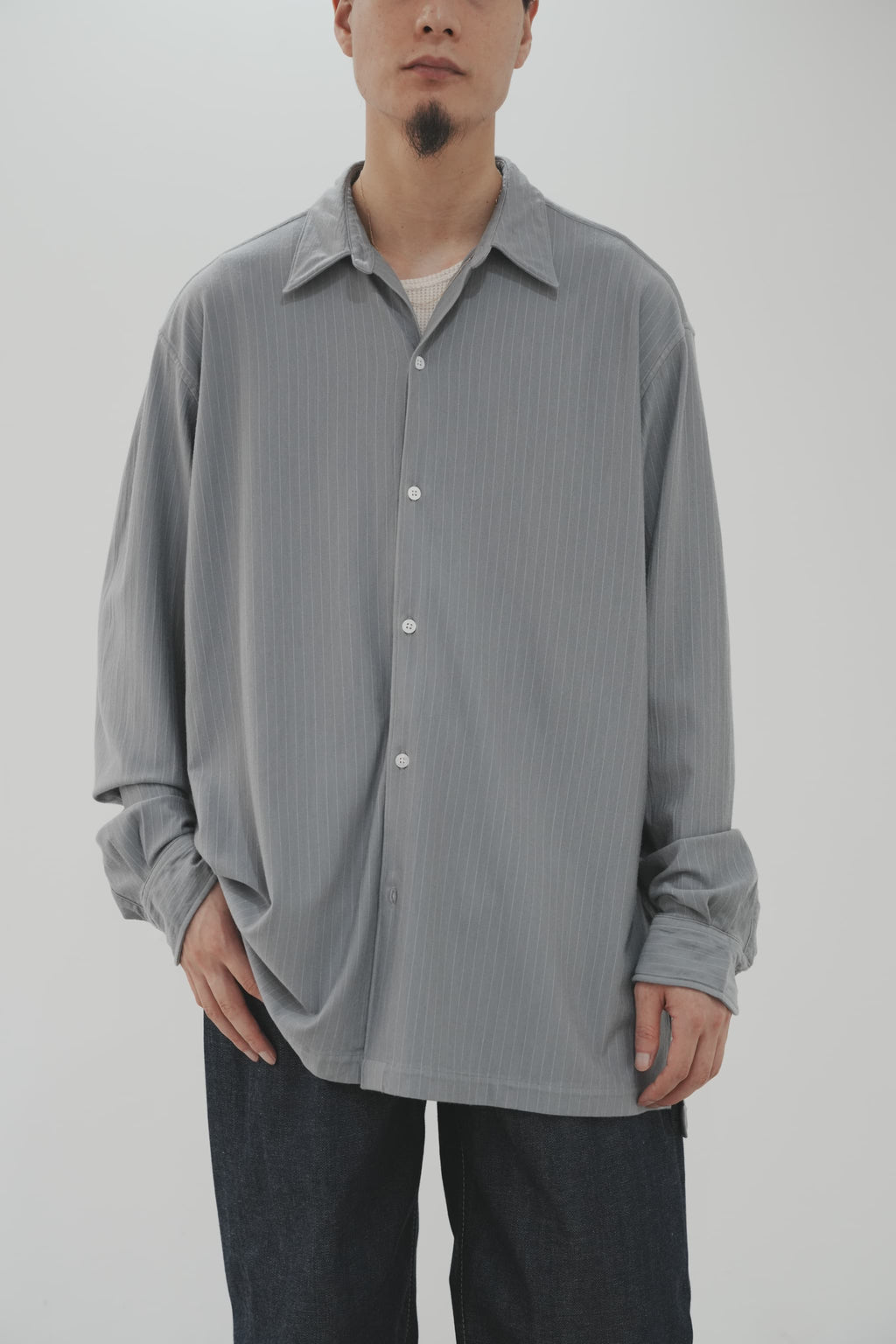 KANEMASA PHIL. "36G Wool Fulling Stripe Ideal Shirt" [Light Gray]