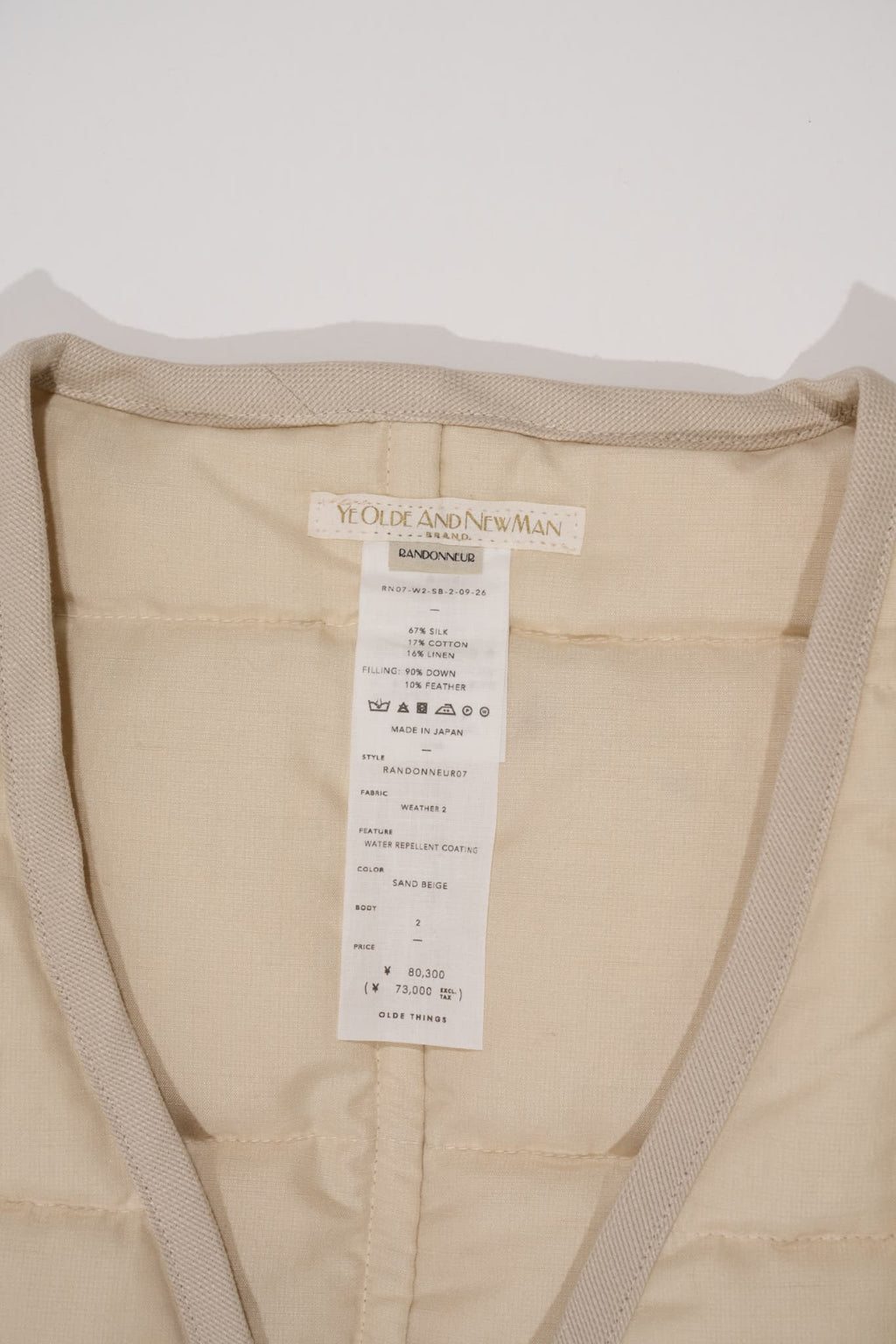 YE OLDE AND NEWMAN -RANDONNEUR- "DOWN VEST" [SAND BEIGE]
