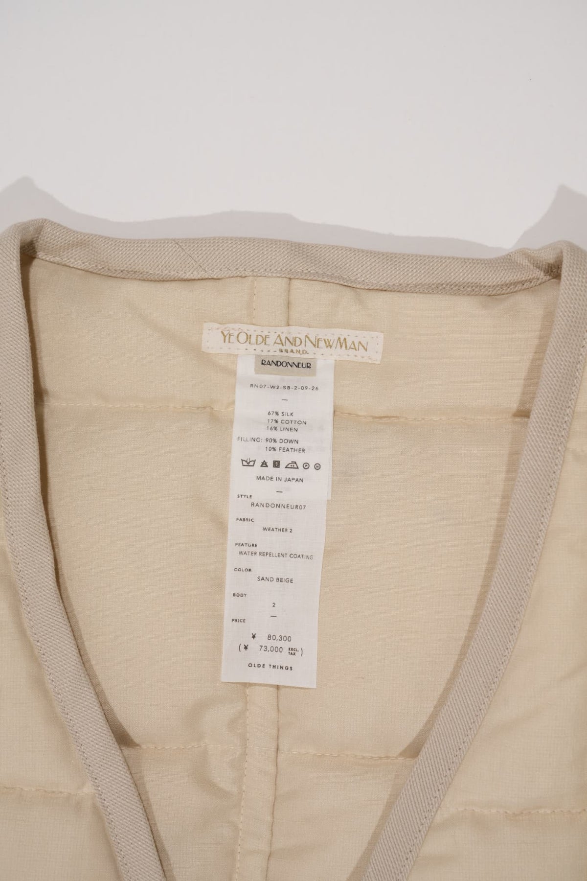 YE OLDE AND NEWMAN -RANDONNEUR- "DOWN VEST" [SAND BEIGE]